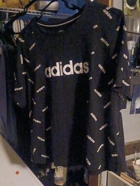 adidas Black Tee with White Logo Print Crop Top